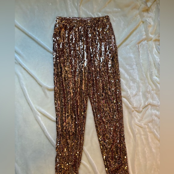 NWT Limited Edition Sequin Sparkly High Waisted Pants in Champagne - Francesca's - Picture 3 of 9